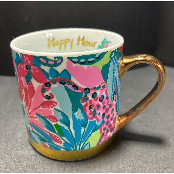 Lilly Pulitzer Happy Hour Ceramic Mug Tone Gold Tone Handle Colorful Floral - Picture 1 of 8